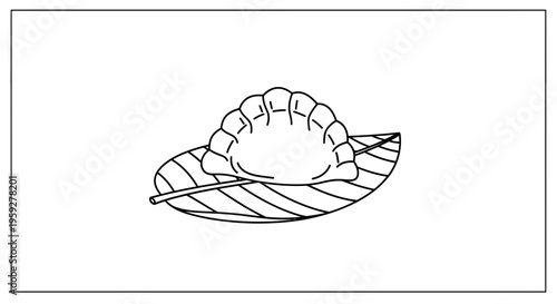 Handmade Dumpling on Leaf with Chopstick, Asian Food, Traditional Cuisine, Simple Line Art