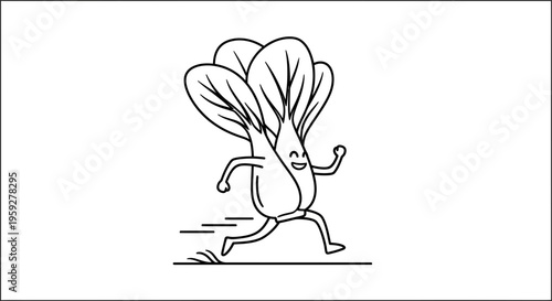 Happy cartoon bok choy running fast, healthy food character, isolated on white background