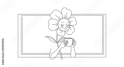 Happy Flower Character Holding Coffee Mug, Relaxing Morning Vibe