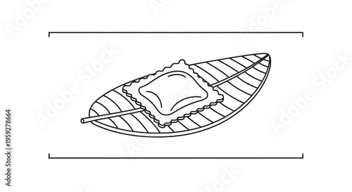 Hand Drawn Ravioli on Banana Leaf Skewer, Minimalist Food Illustration