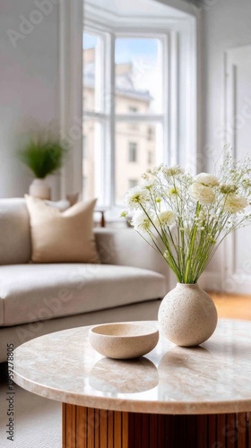 A bright and inviting living room features a comfortable sofa adorned with pillows, while a beautiful vase filled with fresh flowers sits gracefully on a round table, creating a serene atmosphere
