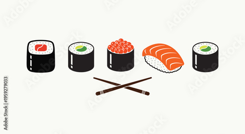 Minimalist vector graphic featuring an assortment of traditional sushi rolls and chopsticks