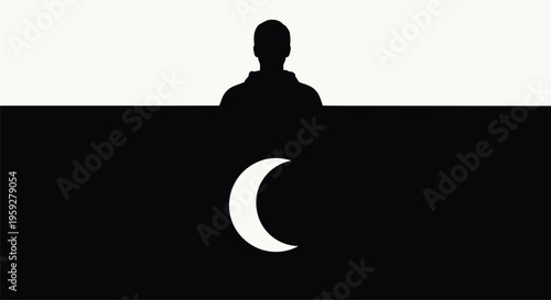 Abstract vector graphic illustrating a human silhouette above a crescent moon symbol