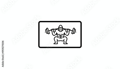 Gorilla Weightlifter Squatting with Barbell, Gym Fitness Icon, Strength Training