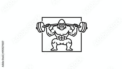 Gorilla weightlifter squatting with barbell, strong ape fitness logo, gym workout symbol