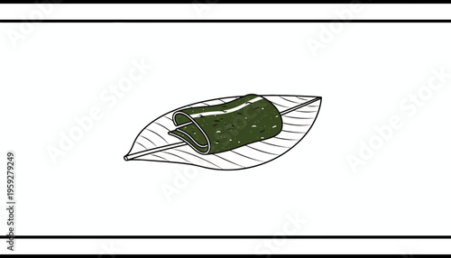 Green food roll on a leaf with a skewer, isolated on white background