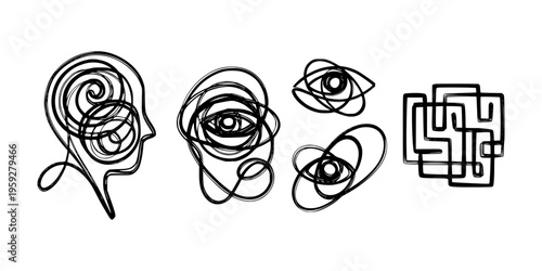 Abstract tangled line heads, eyes and maze shapes in sketch style on white background, symbolizing confusion and mindfulness