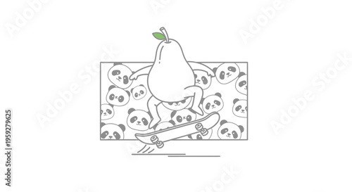 Funny Pear Character Skateboarding with Panda Background