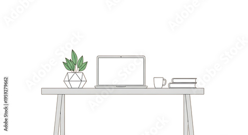 Modern minimalist desk setup with laptop potted plant coffee cup and books clean design organized workspace remote work digital nomad home office isolated on transparent background
