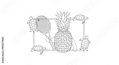 Funny Pineapple Playing Tennis with Turtles