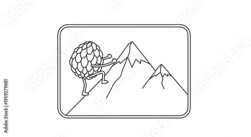 Funny pinecone character climbing a steep mountain peak in a challenging adventure