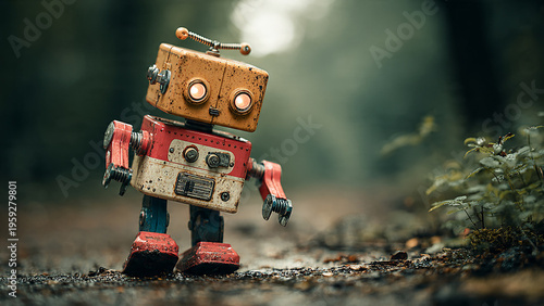 Adorable, retro toy robot with glowing eyes explores a foggy, mossy forest path