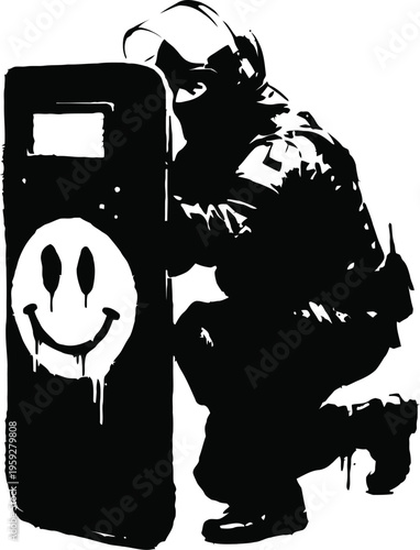 Stencil art of riot police officer crouching behind shield with smiley face symbol