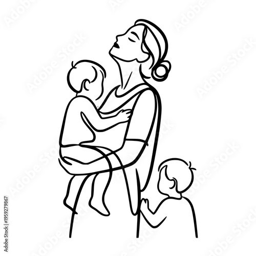 Mother with two small children shown as minimal line drawing on white background, Concept of maternal and parental burnout