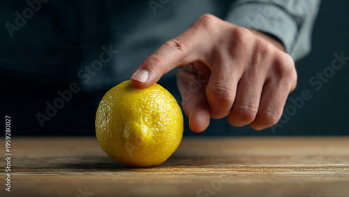 Finger taps a bright yellow lemon on a textured wooden surface with dark background
