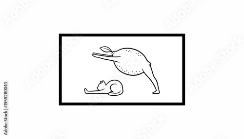 Funny cartoon lemon doing yoga warrior pose next to a relaxed cat