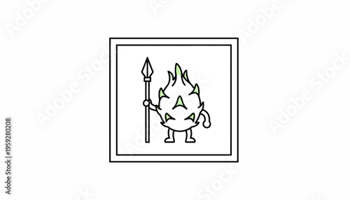 Funny Dragon Fruit Character Holding Spear, Cartoon Style