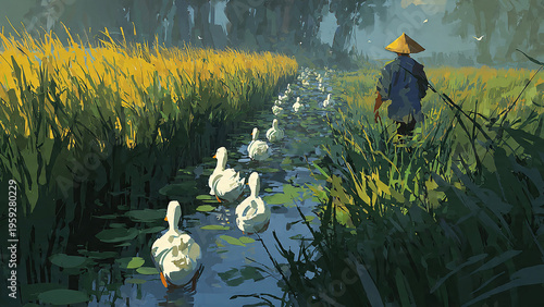 Farmer guides flock of ducks through lush golden fields beside a narrow waterway