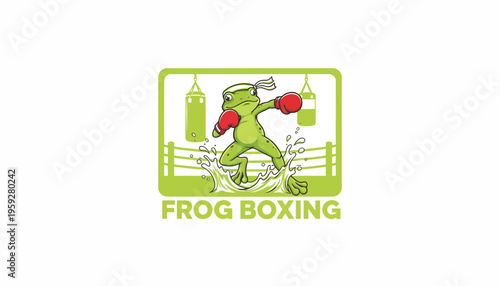 Funny Frog Boxer in Ring with Punching Bag, Sports Cartoon