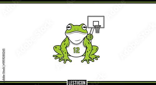 Funny Frog Playing Basketball, Wearing Jersey Number 12, Cartoon Style