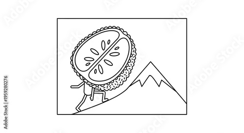Funny Fruit Character Climbing Mountain Peak, Healthy Lifestyle Concept