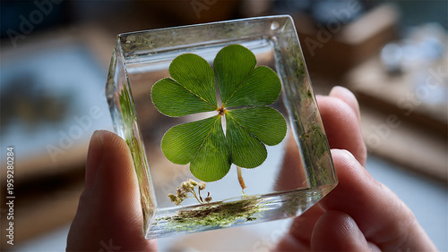 Preserved four-leaf clover encased in clear resin, held by fingers