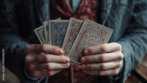 Close-up of hands holding a fanned deck of weathered playing cards