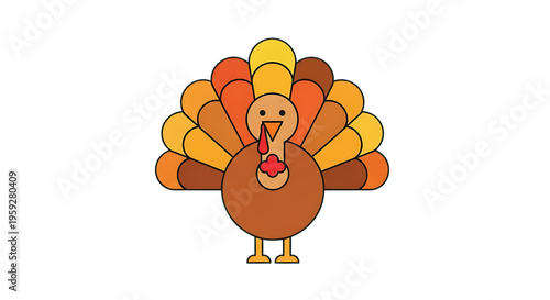 Cartoon thanksgiving turkey with fan tail feathers displayed isolated on transparent background autumn holiday icon for celebration and food concepts