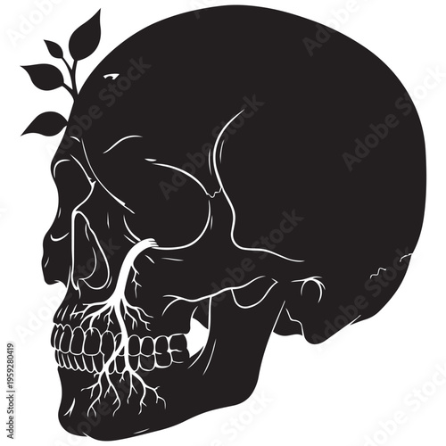 Human skull silhouette with green leaf plant growth vector illustration isolated on transparent background