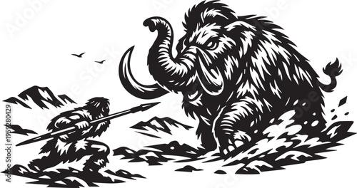 Prehistoric Hunter Confronting Woolly Mammoth – Clean Black Silhouette Vector in Dynamic Side-Angle Composition – Professional-Grade Artwork for Apparel Printing, Decals, Branding, and Commercial Use