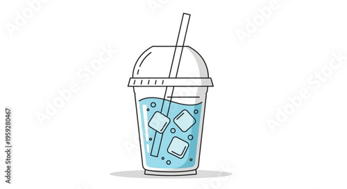 Refreshing blue drink with ice cubes and straw in clear plastic cup