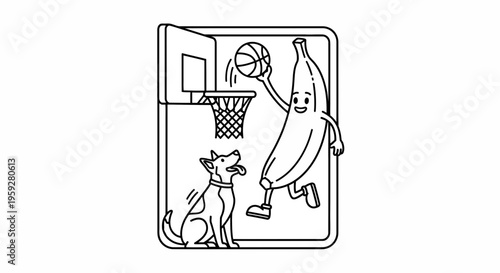 Funny banana character playing basketball with a dog, cartoon style