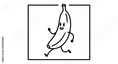 Funny Cartoon Banana Character Running Inside a Square Frame, Healthy Food Concept