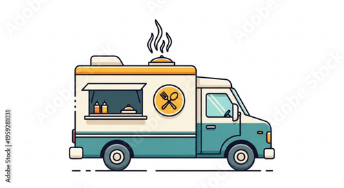 Colorful food truck with steam rising from the top serving delicious meals on the go in a cheerful outdoor setting