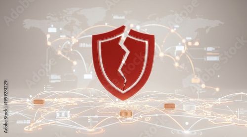 Cybersecurity data protection digital network risk breach shield security defense supply chain disruptions logistics breach concept with cracked red shield over global network map warning of cyber