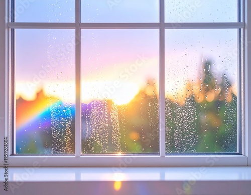 雨上がりの窓辺に差し込む柔らかな光と虹の見える風景背景
