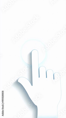 White Paper Hand Finger Pressing Glowing Button Light Blue Background
