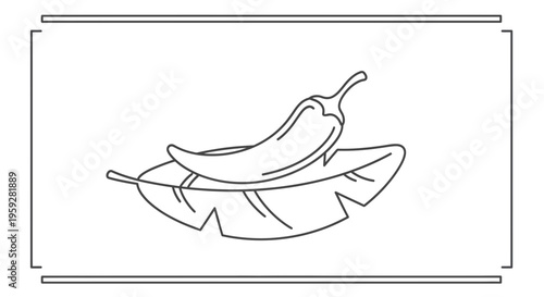 Chili Pepper on Banana Leaf Line Art Icon - Spicy Food Ingredient