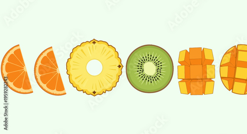 Assortment of Fresh Tropical Fruit Slices: Orange, Pineapple, Kiwi, Mango