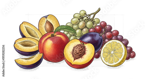 Assortment of Fresh Ripe Fruits: Peaches, Plums, Grapes, and Lemon Slice