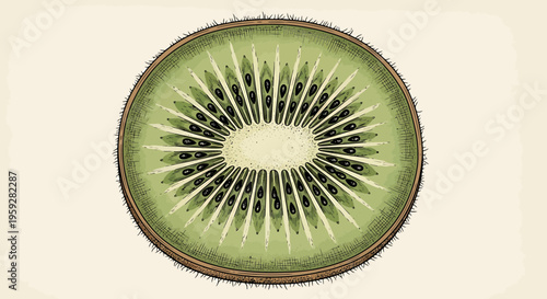 Close-up of a fresh kiwi fruit slice, showing its vibrant green flesh and black seeds, isolated on a light background.