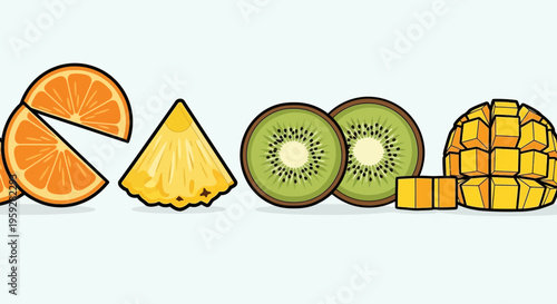 Assortment of Fresh Tropical Fruits Cut and Sliced on White Background