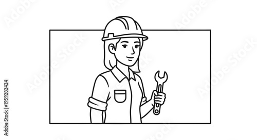 Female construction worker with wrench, wearing hard hat and work clothes, black and white illustration