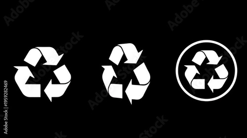 White Recycling Symbol Loop Animation on Black Background