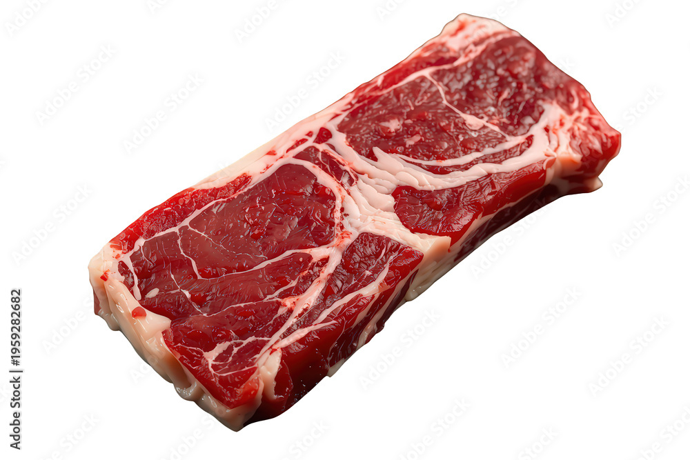Obraz premium Raw beef ribeye steak displaying marbling and fat, fresh red meat cut, transparent background for food preparation