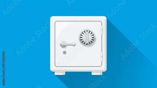 White Safe Deposit Box with Combination Lock on Blue Background Flat Design