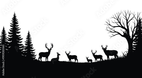 Silhouette of deer and trees against a foggy minimalist landscape
