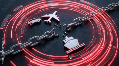 Supply chain disruptions logistics concept with broken metal link around red neon circle and transport icon of car airplane cargo ship showing fragile global trade network risk