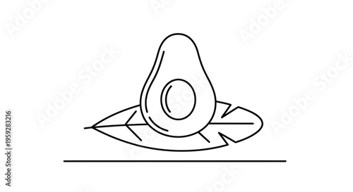Avocado Half with Leaf and Line Art, Healthy Food Icon, Minimalist Design