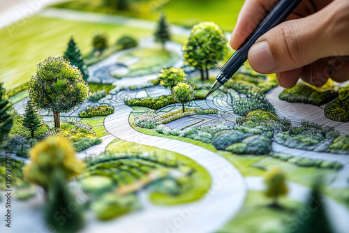 architect sketching a green urban layout with paths and trees. Eco park design and sustainable city planning concept.